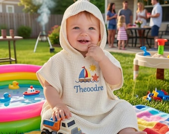 Gepersonaliseerde strandhanddoek voor kinderen, geborduurde babynaam strandhanddoek, kinderbadhanddoek, katoenen handdoek, babyshowercadeau, babystrandcadeau
