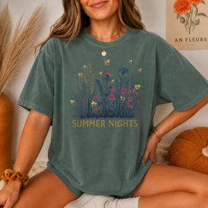Summer Nights Firefly Wildflower Meadow T-Shirt, Botanical Nature Graphic Tee