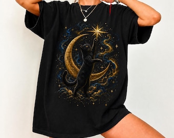 Celestial Black Cat Shirt, Faux Embroidery Moon Phase Top, Cottagecore Star Catcher Tee