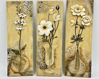 Boem Flowers Tile in Vase 3D Wall Hangings Bas-relief Set of 3 Vintage Signed