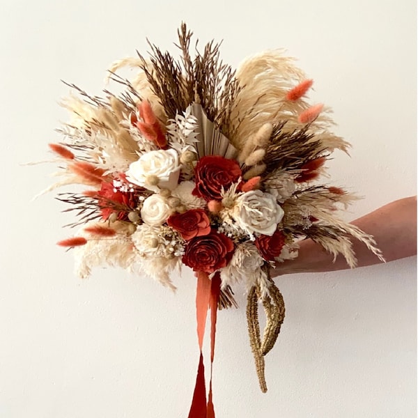 Sola Wood Flower Bridal Bouquet | Rust & Ivory Bouquet Boho Bridal Bouquet | Fall Wedding | Pampas Grass Bridal Bouquet | Boho Bouquet Decor