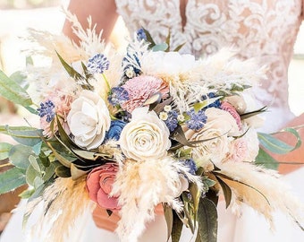 Wood Flower Bridal Bouquet | Boho Wedding Bouquet w/ Pampas and Sola Wood Flowers | SOPHIE Collection in Soft White, Dusty Rose, Blush, Navy