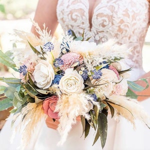 Wood Flower Bridal Bouquet | Boho Wedding Bouquet w/ Pampas and Sola Wood Flowers | SOPHIE Collection in Soft White, Dusty Rose, Blush, Navy