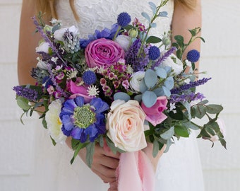 Mauve, Blush and Blue Bridal Bouquet | Lush Natural Wedding Bridal Bouquet | Boho Bridal Bouquet | Bridal and Wedding Party Flowers to Match