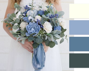 Wood Flower Bridal Bouquet | Sola Wood Wedding Flowers | ELLA Collection in Dusty Blue and Soft White with Green