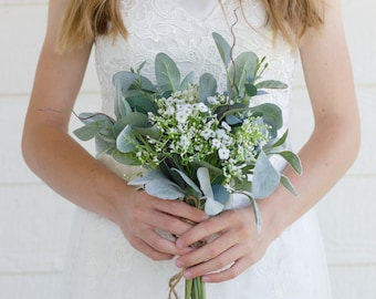 Bridesmaids Bouquet- Greenery and White Bridesmaid Bouquet - Rustic Wedding Bouquet, Garden Wedding Bouquet, Boho Wedding Bouquet