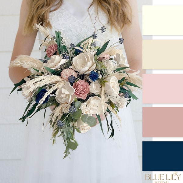 Sola Wood Flower Bridal Bouquet | Boho Wedding Bouquet w/ Pampas and Wood Flowers | SOPHIE Collection in Soft White, Dusty Rose, Blush, Navy
