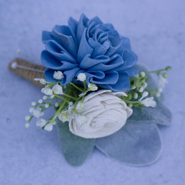 Sola Wood Flower Boutonniere | Rustic Style Boutonniere | French Blue | Slate Blue |  Mountain Wedding | Eco Friendly Boutonniere