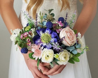 Wildflower and Rose Bridal Bouquet | Mountain Rustic Wedding | Boho Bridal Bouquet | Blue, Blush and Lavender Wildflower Bouquet -Style #302