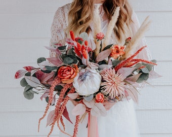 Pampas Grass Dried and Silk Floral Bridal Bouquet |  Natural Wedding Bouquet | Boho Bridal Bouquet | Peach, Coral, Burnt Orange and Greenery