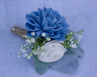 Sola Wood Flower Boutonniere | Rustic Style Boutonniere | French Blue | Slate Blue |  Mountain Wedding | Eco Friendly Boutonniere