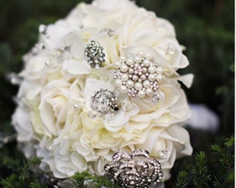 Elegant  Ivory Rose Bridal Bouquet with Real Touch Roses and  Rhinestone and Pearl Brooches - Made to Order