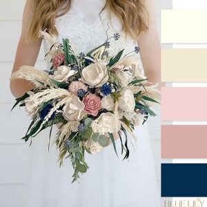 DUSTY BLUSH & NAVY Sola Wood Flower Bridal Bouquet | Lush Natural Wedding Bouquet | Boho Bouquet | Soft Ivory, Dusty Rose, Blush, Navy