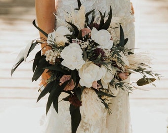 Wood Flower Bridal Bouquet | Boho Sola Wood and Pampas Wedding Bouquet | BROOKE Collection Wood Wedding Flowers in Soft White, Mauve, Plum