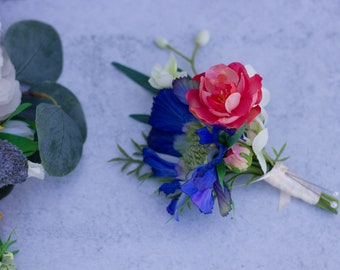 Boutonniere | Blue and Coral Boutonniere | Boho Style Wedding | Mountain Wedding Boutonniere | Pincushion, Mini Spray Rose Corsage