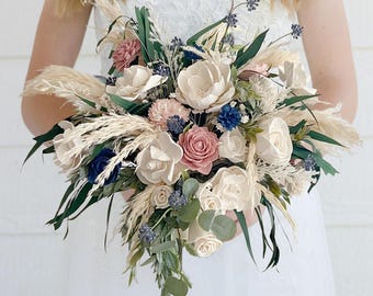 Sola Wood Flower Bridal Bouquet | Boho Wedding Bouquet w/ Pampas and Wood Flowers | Summer Wedding | Soft White, Dusty Rose, Blush, Navy