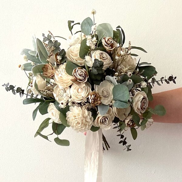 Natural Wood Flower Bridal Bouquet | Boho Woodsy Wedding Bouquet with Wood Flowers | MAE Collection in Neutral Soft White, Ivory, and Greens