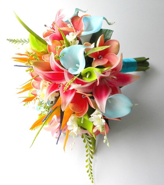 Bridal Bouquet Wedding Flowers Beach Wedding Faux Flowers Real Touch Turquoise Hot Pink Orange And Lime Style 500