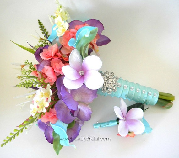 Bridal Bouquet Beach Wedding Faux Flowers Tropical Beach Wedding Aqua Turquoise Lavender And Peach Style 114