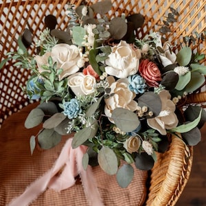 Sola Wood Flower Bridal Bouquet | Wedding Bouquet w/ Wood Flowers and Eucalyptus | CHEYENNE Collection | Soft White, Blush, Dusty Rose, Blue