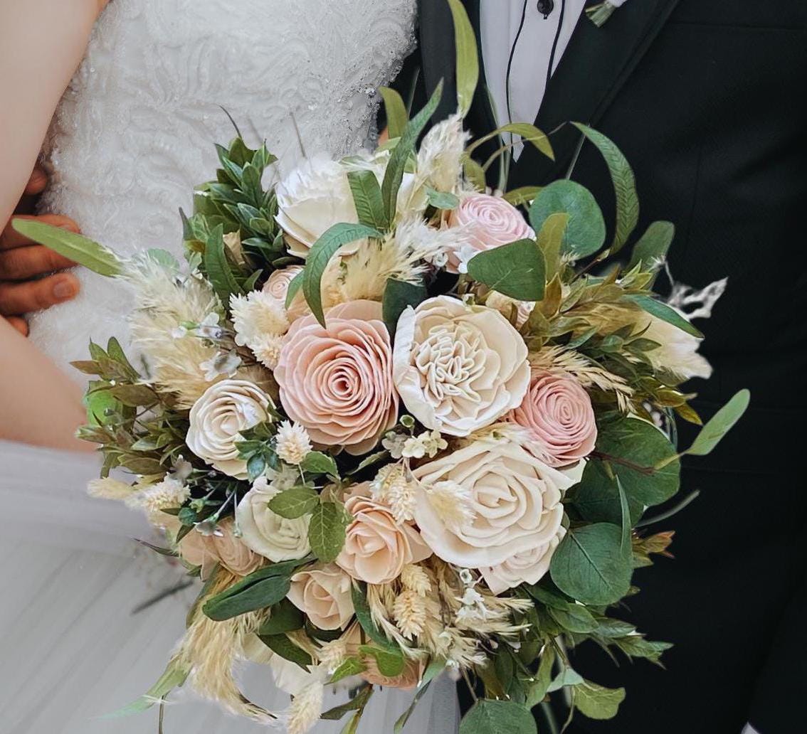 Wood Flower Bridal Bouquet | Boho Bouquet w/ Greenery & Pampas | BELLA Collection Wedding Flowers in Soft White, Blush Pink and Peachy Pink