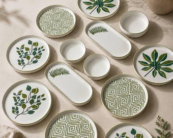 Conjunto de café da manhã de cerâmica botânica com 14 peças, louça verde em formato de folha, pratos de servir modernos.