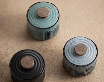 Textured Ceramic Memorial Urn, Rustic Wooden Lid Keepsake Jar