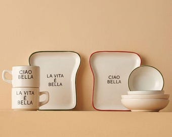 Ciao Bella Ceramic Dinnerware Set, La Vita E Bella Breakfast Set, Handmade Porcelain Plates and Mugs, Italian Quote Tableware, Gift for Home
