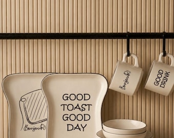 Ceramic Toast Shaped Breakfast Set, Cream Glaze Dinnerware, "Good Toast" Plates, Mugs