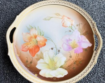 ロイヤルミュンヘン Z.S. & Co ババリア アンティークフローラルケーキプレート 10.5インチ ゴールドリムハンドル