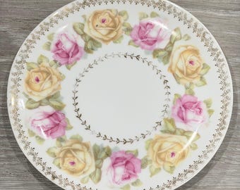Plato de porcelana vintage Z.S. & Co Bavaria con rosas rosas y amarillas y detalles dorados de 15 cm (6 pulgadas)