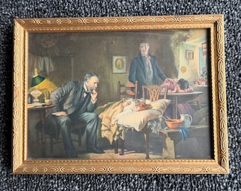 Vintage Der Doktor Sir Luke Fildes Gerahmter Kunstdruck Gold Verzierter Rahmen 8,5x6,5