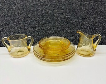 Zestaw do cukru w kolorze żółtego szkła w stylu vintage, trawione kwiaty, pszenica, 7 szt., bursztyn