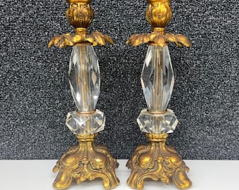 ACC Candelabros vintage ornamentados de latón y cristal, par, estilo rococó dorado, 8.5"