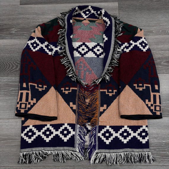 Vtg Crown Crafts Boho Southwestern Aztec Tapestry Cardigan Fringed Cotton USA