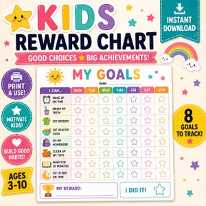 May include: A colorful kids' reward chart with the words "KIDS REWARD CHART" at the top. The chart includes sections for tracking goals, with a space for the child's name and a section to mark achievements. The chart is designed for ages 3-10.