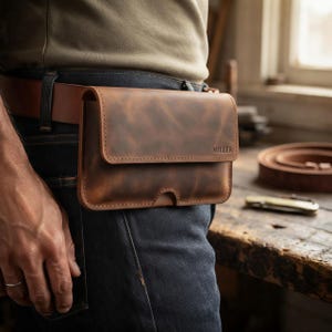 Puede incluir: Una funda de cuero marrón para cinturón con solapa rectangular y una pequeña abertura en la parte inferior central. La palabra MILLER está grabada en la esquina inferior derecha de la solapa. La funda está sujeta a un cinturón de cuero marrón.
