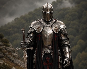 Templar Knight Armor Suit – Full Body Steel Crusader Costume with Helmet, Cloak