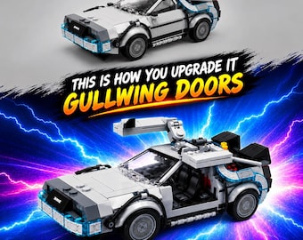 May include: A silver and black toy car built from plastic bricks, featuring a DMC logo on the front bumper. The image displays two versions of the vehicle, one with closed doors and one with gullwing doors open, accompanied by the text THIS IS HOW YOU UPGRADE IT GULLWING DOORS and Original Lego pieces - Link Below.