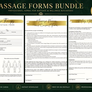 Peut inclure: Un ensemble de trois formulaires de massage, comprenant une fiche de renseignements pour le client, un formulaire de consentement et une notification de politique. Les formulaires ont une palette de couleurs or et vert et sont conçus pour les entreprises de massage et de bien-être.