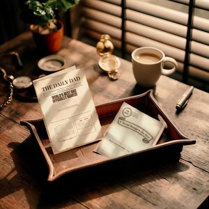 May include: A brown leather valet tray containing a printed paper titled THE DAILY DAD with the text WORLD'S BEST DAD OFFICIALLY NAMED and a second paper with the text A Special Message to Our Hero, positioned on a wooden desk surface.
