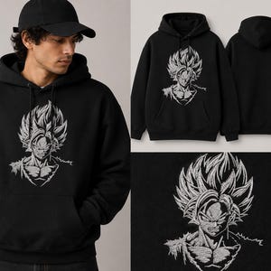 May include: A black hooded sweatshirt featuring a white embroidered graphic of a spiky-haired character on the chest. The hoodie includes a front kangaroo pocket, long sleeves with ribbed cuffs, and a drawstring hood, showcasing a detailed anime-style design.