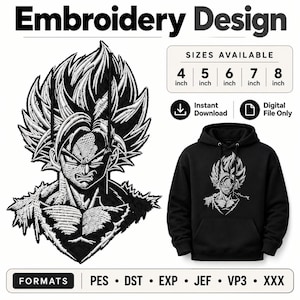 Saiyan Warrior Embroidery File | Anime Hoodie Stitch Pattern | Digital Download | Manga Streetwear Artwork