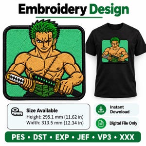 Zoro Hoodie Embroidery | One Piece Swordsman Back Patch | Digital Download Design | Anime Streetwear File