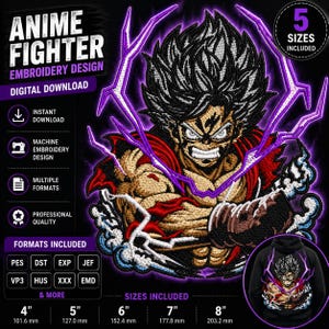 May include: Anime Fighter embroidery design featuring a muscular character with spiky black hair and intense expression, surrounded by purple lightning. The design is available in 5 sizes, ranging from 4 inches (101.6 mm) to 8 inches (203.2 mm), and includes multiple formats for digital download.