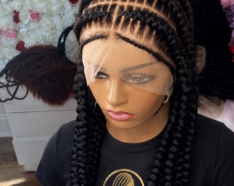 Peluca trenzada de encaje completo con trenzas gruesas hechas a mano
