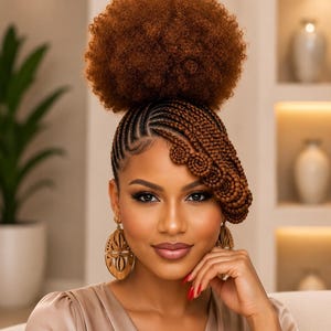 May include: A hairstyle featuring a high, voluminous auburn afro puff combined with intricate cornrow braids that sweep across the forehead in circular patterns. The look is accented by large, oval-shaped wooden earrings with cut-out designs.