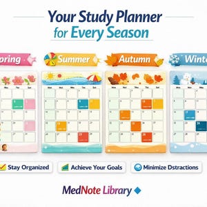 Puede incluir: Un planificador de estudio para cada estación, con calendarios para primavera, verano, otoño e invierno. Cada calendario está codificado por colores y presenta gráficos de temporada. El texto "Your Study Planner for Every Season" está incluido.