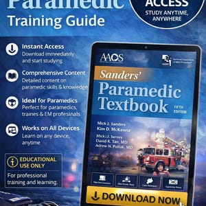 Peut inclure: Un manuel numérique intitulé "Sanders' Paramedic Textbook" sur une tablette, avec les mots "Advanced Paramedic Training Guide" au-dessus. L'image comprend un bouton de téléchargement et le texte "Instant Access".