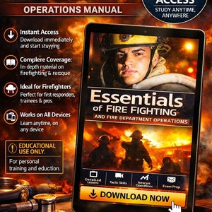 Peut inclure: Un manuel numérique intitulé "Firefighting & Rescue Operations Manual" affiché sur une tablette. L'écran affiche "Essentials of Fire Fighting" avec un portrait de pompier. Comprend un accès instantané, des leçons détaillées et des opérations de sauvetage.